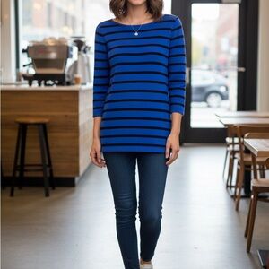 Express Women's Black and Blue Striped Long Sleeve Top